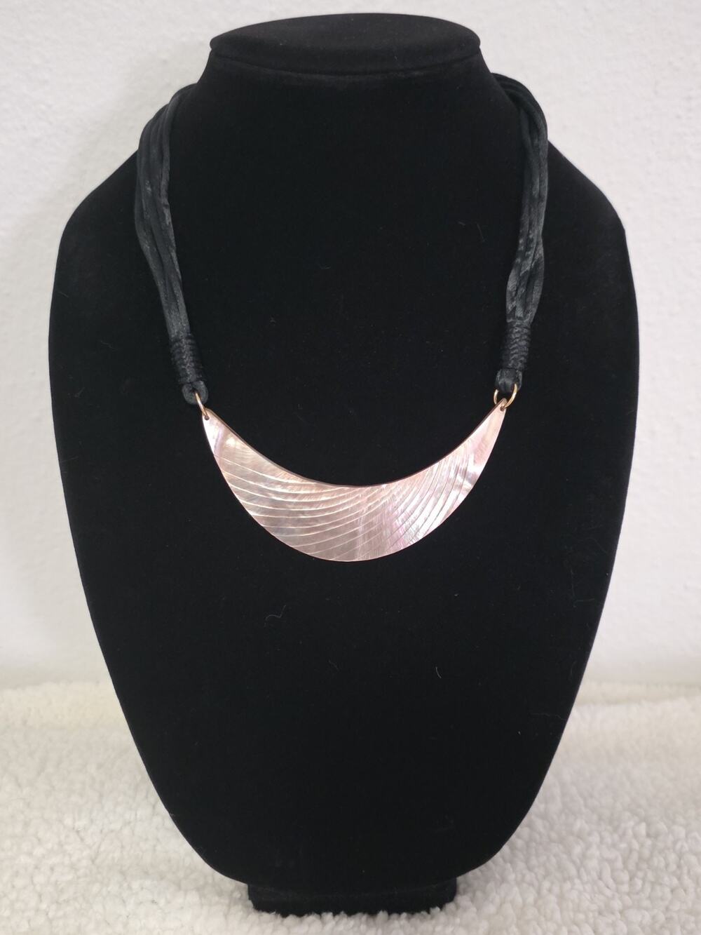 Vintage Boho Style Necklace Large Crescent Shaped Etched Mother Of Pearl Pendant